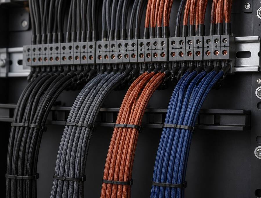 Colour-coded conductors bundled and terminated into a row of din-rail terminals inside a control panel.