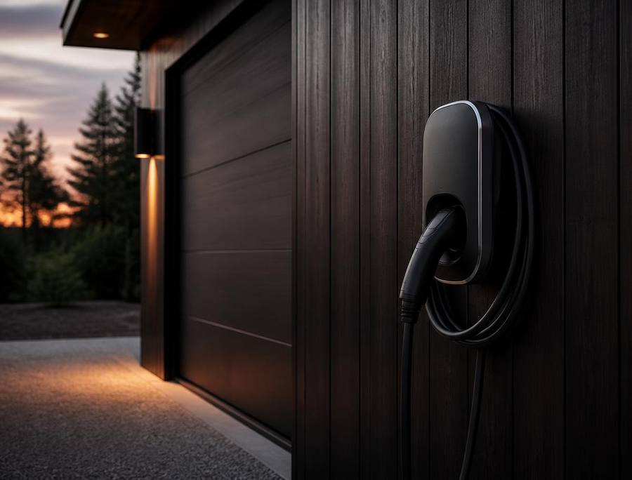 Wall-mounted electric vehicle charge point installed on a dark timber-clad garage wall with the cable neatly coiled.