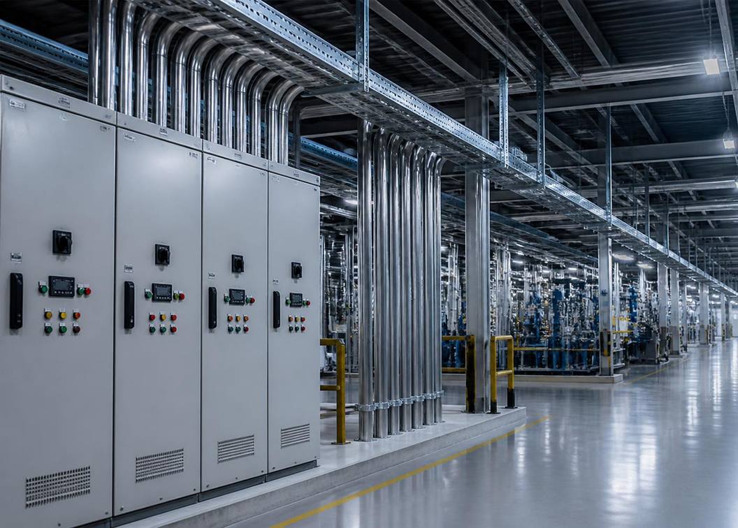 Line of motor control cabinets with conduit risers and overhead cable tray inside a clean manufacturing plant.
