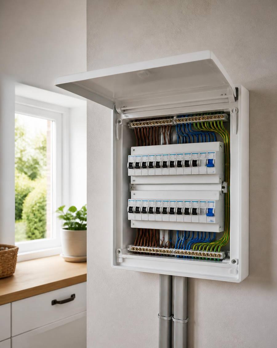 Newly installed domestic consumer unit with breakers and neatly dressed conductors, cover open on a plain interior wall.